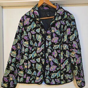 Women's Quilted Black Jacket Japanese Fans Zip Closure Lined XL made by R.Q.T.